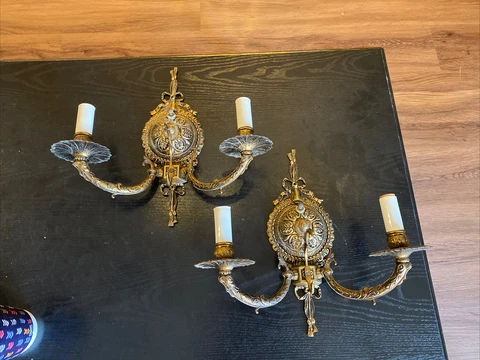 Pair Vintage Ornate Spanish Brass Double Wall Scones Light Fixtures Cover