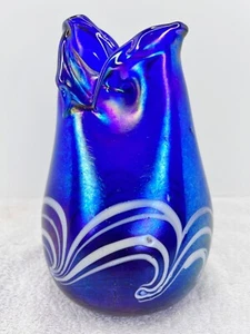 Studio Art Blue Cobalt Glass Pull Feather Design Vase by Lasecki 1982 Signed - Picture 1 of 10