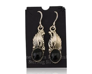 Navajo Dangle Earrings 925 Silver Black Onyx Native American Artist C.80's - Picture 1 of 9