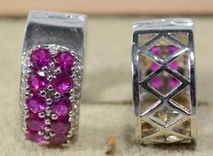 LAB RUBY ROUNDS (2.55ctw)-WHITE ZIRCON-HUGGIE HOOP EARS-LATCHBACK-STER SILVER - Picture 1 of 4