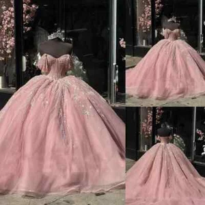 Robe rose pailletée quinceanera épaules dénudées douce 15 16 robes de bal princesse - Photo 1/9