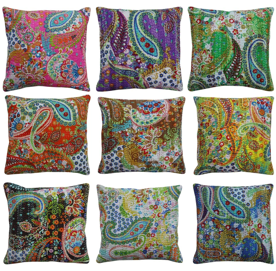  Funda de cojín hecha a mano con estampado de cachemira de algodón Kantha decoración del hogar funda de almohada sofá Foto 1 de 1