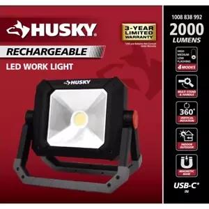 Husky Rechargeable LED Work Light 2000 Lumens Magnet Base Indoor and Outdoor Use - Picture 1 of 12