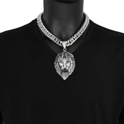 Colgante Cabeza de León Grande Para Hombre Collar Pesado Acero Inoxidable Cubano Miami Eslabón Cadena Foto 1 de 4