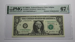$1 2003 Repeater Serial Number Federal Reserve Currency Bank Note Bill UNC67EPQ! - Picture 1 of 3