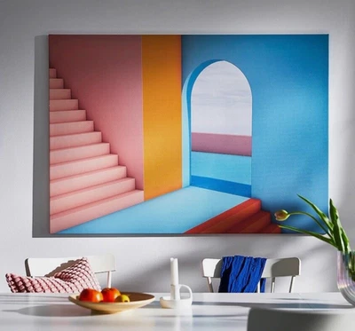 IKEA Bjorksta Marcos Osorio Doorway Stairs Blue Pink Picture Wall Art 55x39 ¼ " - Image 1 of 2