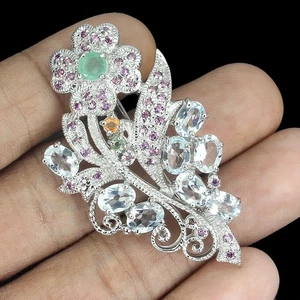 925 Sterling Silver Brooch Oval Aquamarine Emerald Sapphire Rhodolite Gemstone - Picture 1 of 14