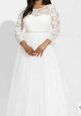 VESTIDO DE NOVIA TÓRRIDO DE ENCAJE Y TUL TALLA 22W CINTURÓN SATINADO PERLA NUEVO CON ETIQUETAS Foto 1 de 4