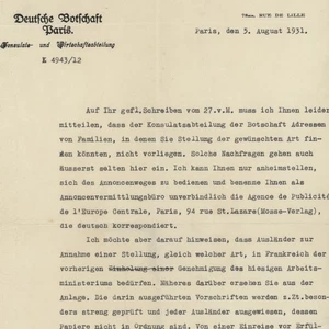 Brief der Deutschen Botschaft Paris an Ingeborg Hässelbarth 1931 - Picture 1 of 2