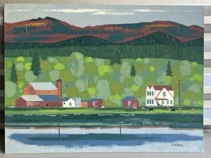 Robert C. Windrem (1905-1985) Dipinto olio modernista originale fattoria in montagna - Foto 1 di 6