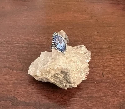 Sterling Silver 925 Marquis Swiss Blue Topaz Halo Ring CZ Accents Size 8 Beauty - Image 1 of 4