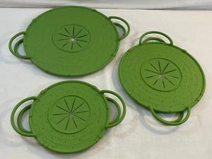 Set 3 Firm Vented Silicone Pot Watcher No Boil Over Lids Double Handle Green - Picture 1 of 8