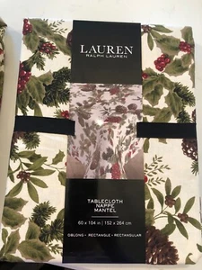 Ralph Lauren Cotton Tablecloth Holiday Holly Berries Pinecones 60 x 104 NEW - Picture 1 of 2