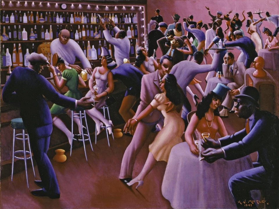 阿奇博尔德·J·莫特利(Archibald J. Motley Jr.) - 夜生活 (1943) 签名 - 17 英寸 x 22 英寸美术印刷品 — 第 1/1 张图片