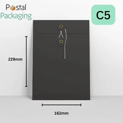 C5 (229x162mm) Black String & Washer Envelopes Button & Tie CHEAP FAST DELIVERY - Image 1 of 4
