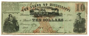 Billete obsoleto del estado de Mississippi 1862, como nuevo $10 No.9329 CR30 (62732) - Imagen 1 de 2