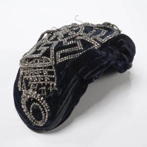 1950s Navy Velvet Toque Crescent Juliette Cap Hat w Silver Tone Rhinestones 6"w - Picture 1 of 5