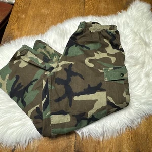 Military Pant Men Woodland Camo Double Knee Elastic Waist VTG USA Cargo Hunting - Picture 1 of 20