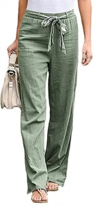 Women's Lightweight Knot-Tie Waist Wide-Leg Palazzo Loose Beach Pants Gn M - Picture 1 of 5