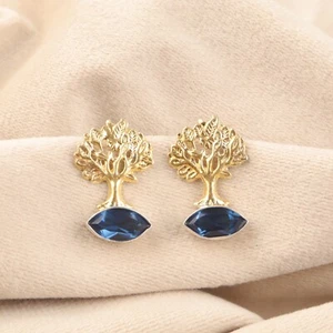 Unique London Blue Topaz Earrings Natural Gemstone Marquise Gold Plated Earring - Picture 1 of 2