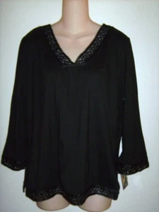 Mirasol Black V Neck Rayon Top Shirt Blouse Flower Embroidery Medium New NWT - Picture 1 of 1