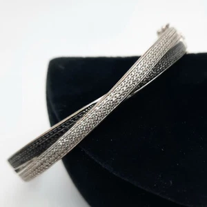 Sterling Silver Hinged Bangle Black & White Pavé Diamond Crossover 18.3g - Picture 1 of 11