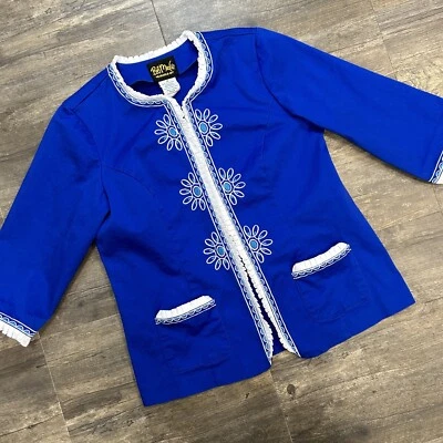 Chaqueta Blazer Bob Mackie Usable Arte Bordado Abierta Azul Flores Mediana Foto 1 de 4