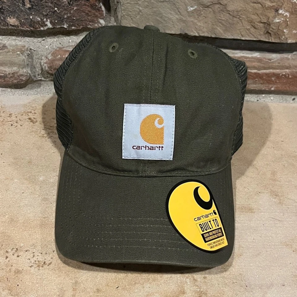 Carhartt Olive Green Mesh Back Canvas Hat with Logo Patch