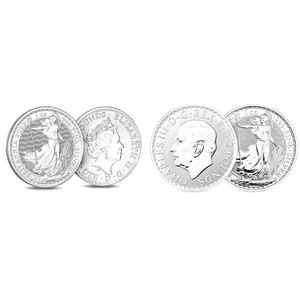 Set of 2 Silver Britannia 2023 1oz Coins Showing Both Elizabeth II & Charles III - Picture 1 of 3