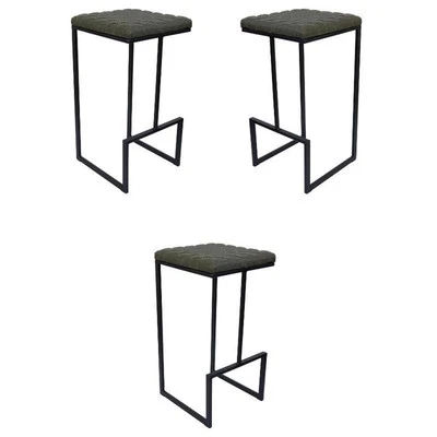 Home Square Quilted Stitched Leather Bar Stools in Olive Green - Set of 3 - Image 1 of 4