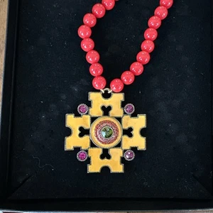 Heidi Daus Maltese Cross Necklace Orange Yellow Red Beaded Enameled Box Warranty - Picture 1 of 6