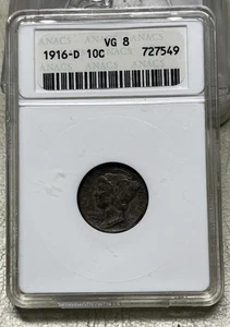 1916-D Mercury Dime, ANACS VG8, Key Date, Free Shipping, (D) - Bild 1 von 4