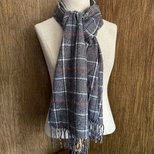 Neiman Marcus 100% Cashmere Glen Plaid Scarf Gray Red Navy Fringe Luxury Wrap - Picture 1 of 6