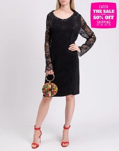 RRP€390 ELISA FANTI Denim Sheath Dress Size IT58 / 4XL Lace Insert Rhinestones - Picture 1 of 11