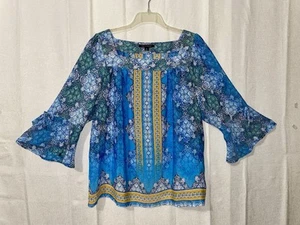 Boho Chic Women’s XL  3/4 Sleeve Bell Cuff Mixed Print Top Blue Yellow - Picture 1 of 15