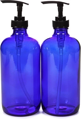 , 2, Large, 16 oz, Empty, Cobalt Blue Glass Bottles with Black Lotion Pumps - Image 1 of 4