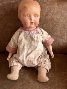 Vintage 1930er Komposition Excelsior Stofftier geformtes Haar blaue Augen entzückende Puppe - Bild 1 von 22