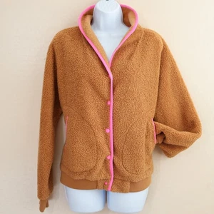 Marine Layer Sierra Sherpa Jacket Large Brown Fleece Neon Pink Trim Cozy Teddy - Picture 1 of 15