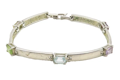 925 Sterling Silver  Topaz Amethyst & Peridot Bar Link Chain Bracelet  BT6224 - Image 1 of 4