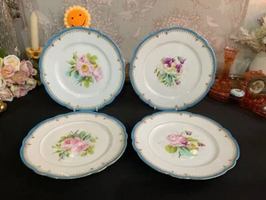 English 19th Century Victorian hand painted floral plates x 4 - Picture 1 of 12