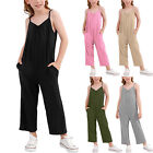 Girls Casual Jumpsuit Solid Sleeveless Halter Long Pants Romper With Side Pocket