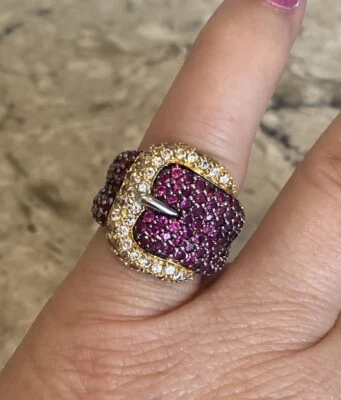 Charles Winston Sterling & Gold Vermeil White & Raspberry Red CZ Buckle Ring - Image 1 of 4