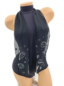 New Chan Luu Sheer Black Scarf Beaded Sequins Paisleys 52 in X 5 in - Picture 1 of 3