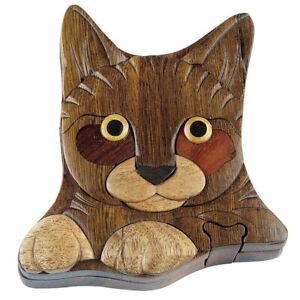 Cat - Handmade Wood Wooden Puzzle Trinket Intarsia Wood Art Box 