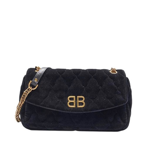 Borsa a tracolla piccola Balenciaga in velluto nero BB rotonda catena oro