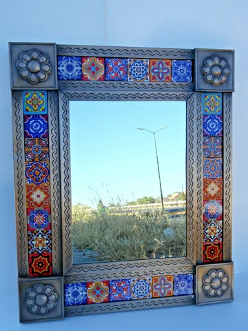PUNCHED TIN MIRROR mixed talavera tile mexican ethnic hand made folk art Cover
