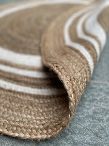 Rug Round Rugs Jute Natural White Cotton Stripe Mat Braided Reversible Mats - Picture 1 of 32