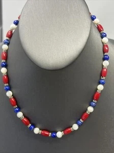 Sterling Silver Lapis Coral Bead Necklace. 17 inch - Picture 1 of 5