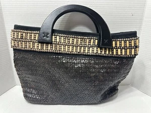 VINTAGE St Johns Bay Black & Tan woven Sea grass Satchel/Purse Wood Handles NWT - Picture 1 of 5