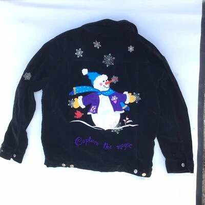 Quaker Factory MEDIUM Christmas Jacket Coat Black Velveteen Sweater Snowman - Image 1 of 4